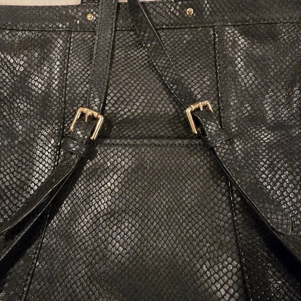 TUSK Small Gotham Snake Skin Leather Black Adj Strap Top Security Snap Backpack.